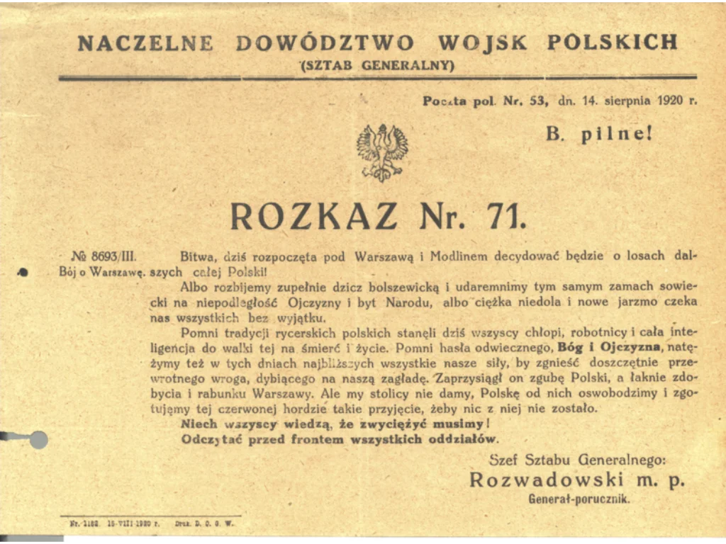 Rozkaz nr 71 gen. Tadeusza Rozwadowskiego z 14 sierpnia 1920 roku odczytany przed frontem wszystkich polskich oddziałów, z archiwum Centralnego Archiwum Wojskowego